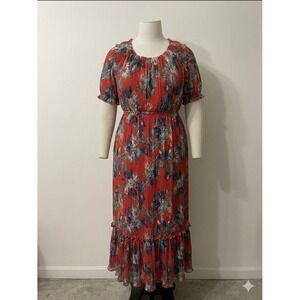 Ava & Viv Red Floral Pleated Chiffon Maxi Dress Short Sleeve 4X Boho Whimsy